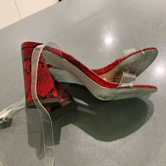 Chase + Chloe Lennon-1 Black Red Transparent Snake Sandals Block Heels Size 7 - Picture 1 of 4